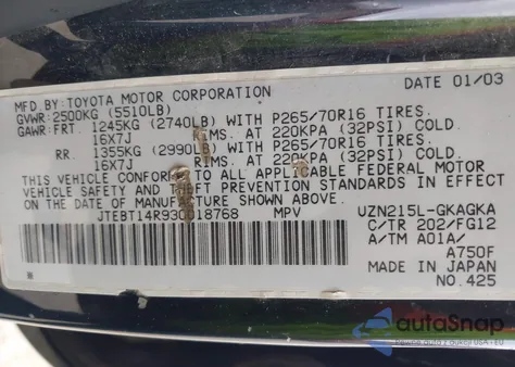 2003 Toyota 4Runner Sr5 V8 z USA, uszkodzony, nr VIN JTEBT14R930018768